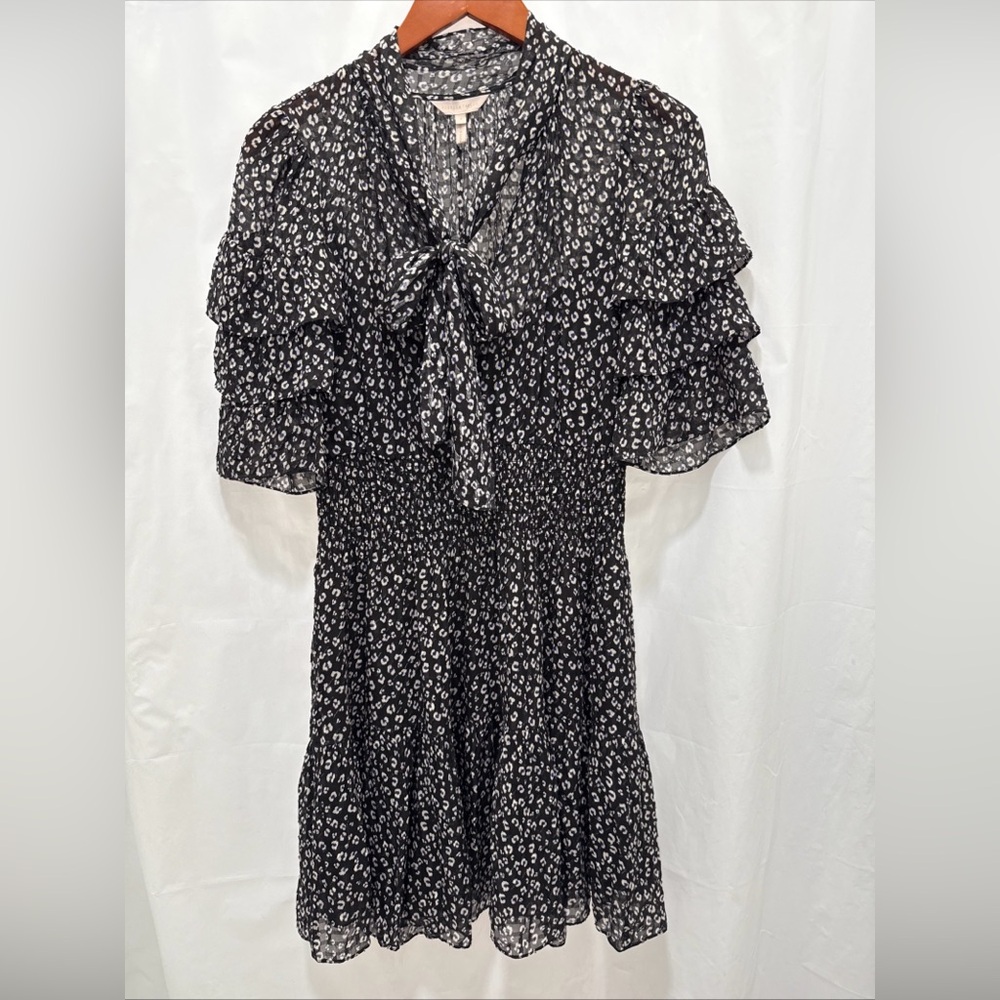 Rebecca Taylor 4 Silk Blend Animal Print Mini Dress Tiered Sleeve Smocked
